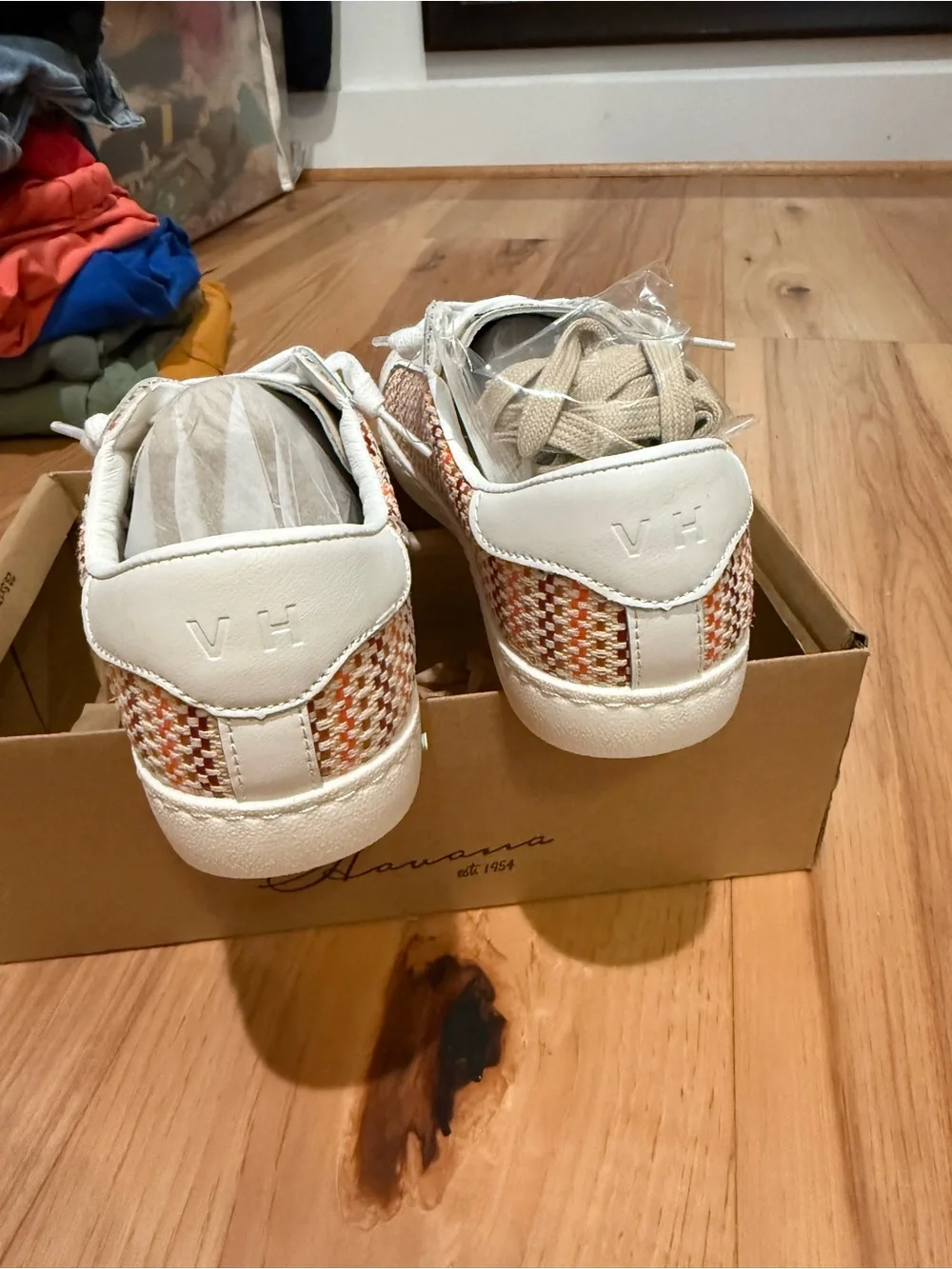 ShuShop White Sneakers with Multicolor Woven Panels and Gold Star